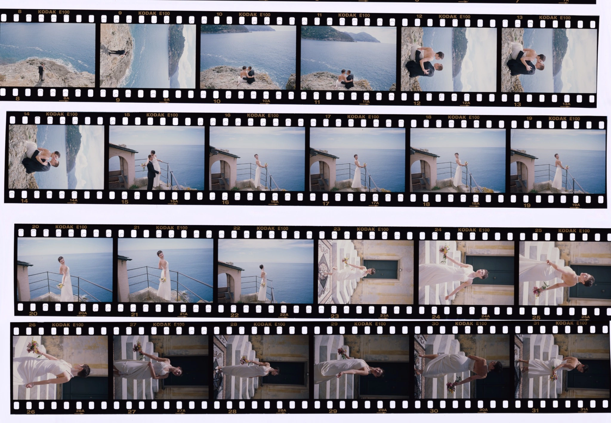 Full roll of Kodak E100 slide film showing exposure variation across the frames